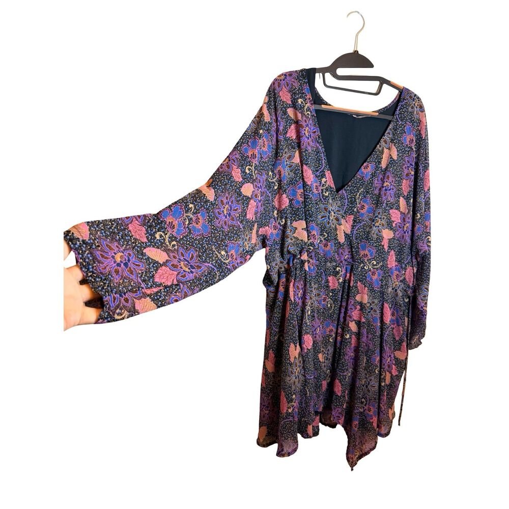 Free People Boho Floral V-Neck Bell Sleeve Mini Dress Womens L Purple Pink - Picture 6 of 7